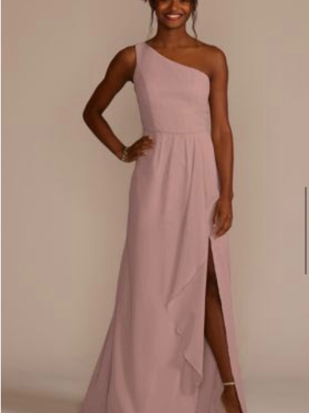 David’s bridal Chiffon One-Shoulder Dress with Cascade size 8 color quartz